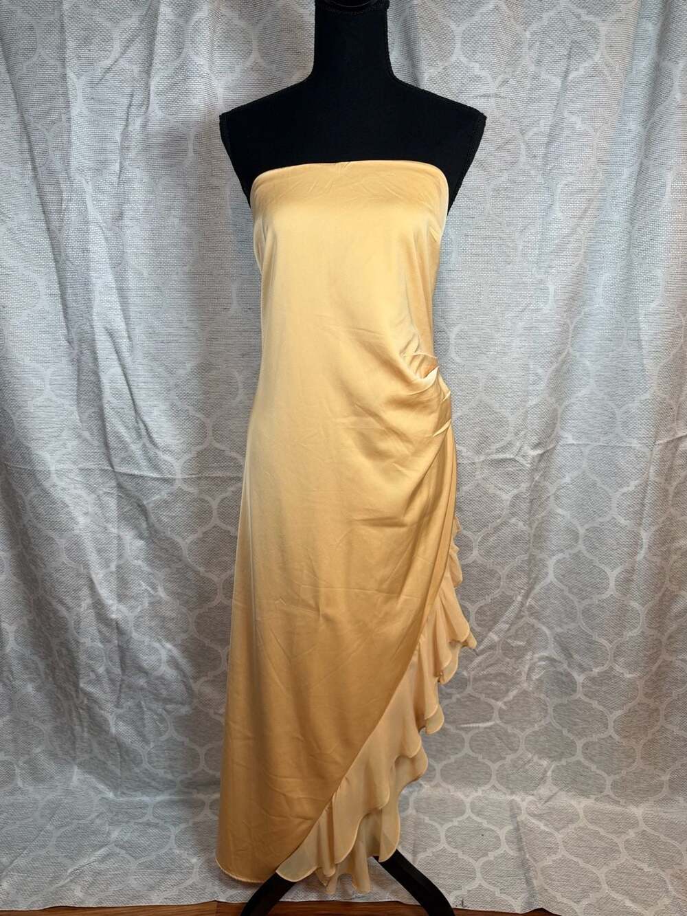 Lulus Strapless Ruched Satin Midi Dress with Ruffle Trim in Yellow